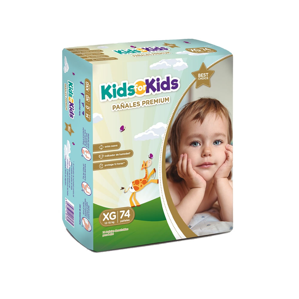 Pañal Kids for kids talla XG 74 un (12 a 15 Kg)