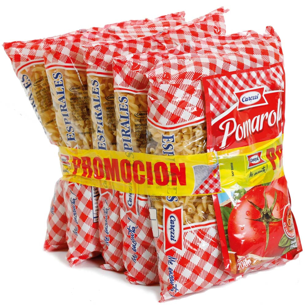 Pack 5 pasta espirales Carozzi 400 g + 1 salsa tomate pomarola 200 g