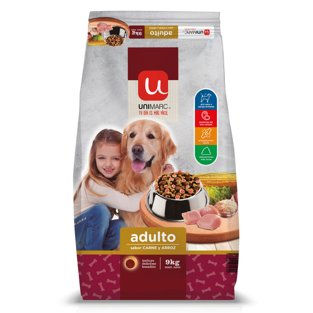 Alimento perro adulto Unimarc carne y arroz 9 Kg