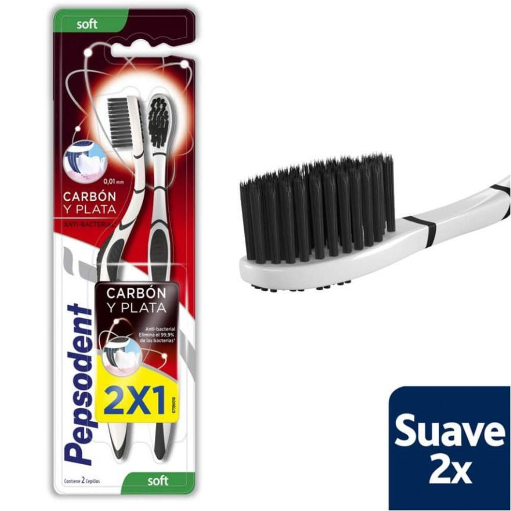 Cepillo dental Pepsodent carbón y plata suave 2 un