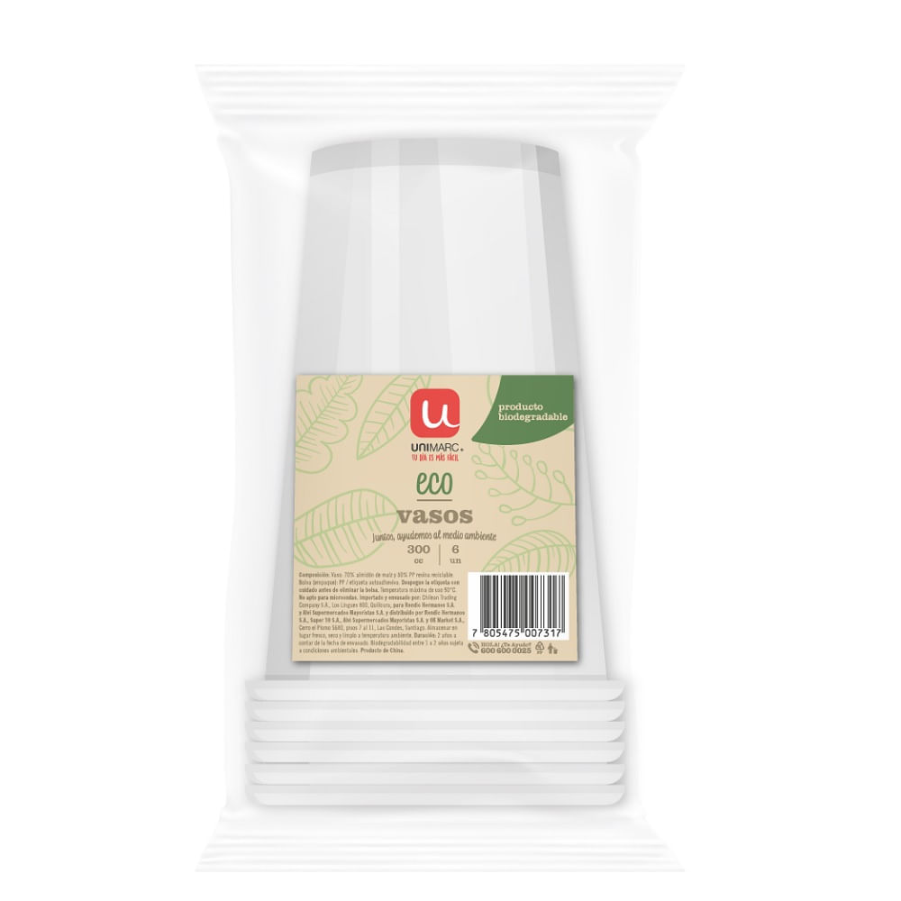 Vaso plástico Unimarc eco 6 un de 300 ml