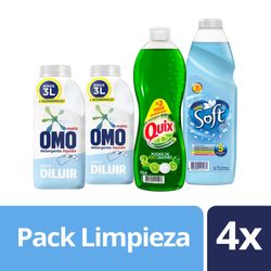 Pack Detergente líquido Omo para diluir 2 un de 500 ml + Suavizante Soft 1 L + Lavalozas Quix 750 ml