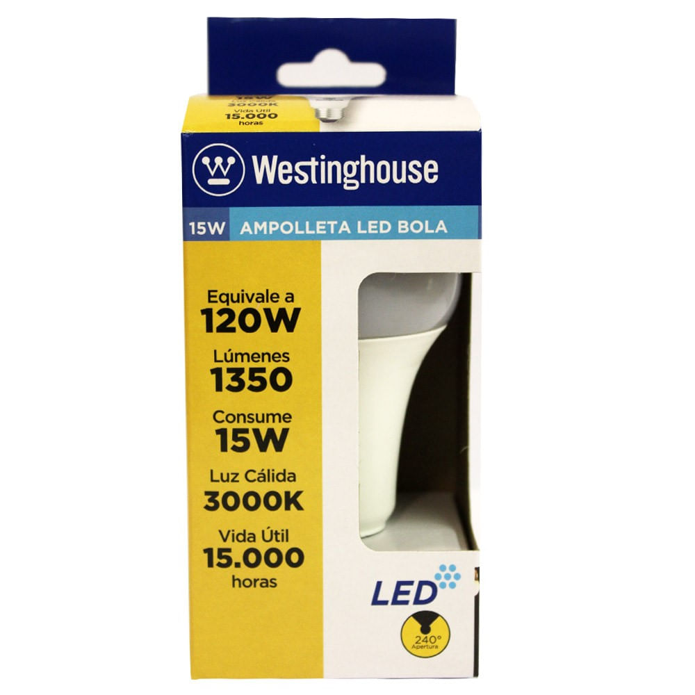 Ampolleta led bola Westinghouse luz cálida equivale a 120W consume 15 W