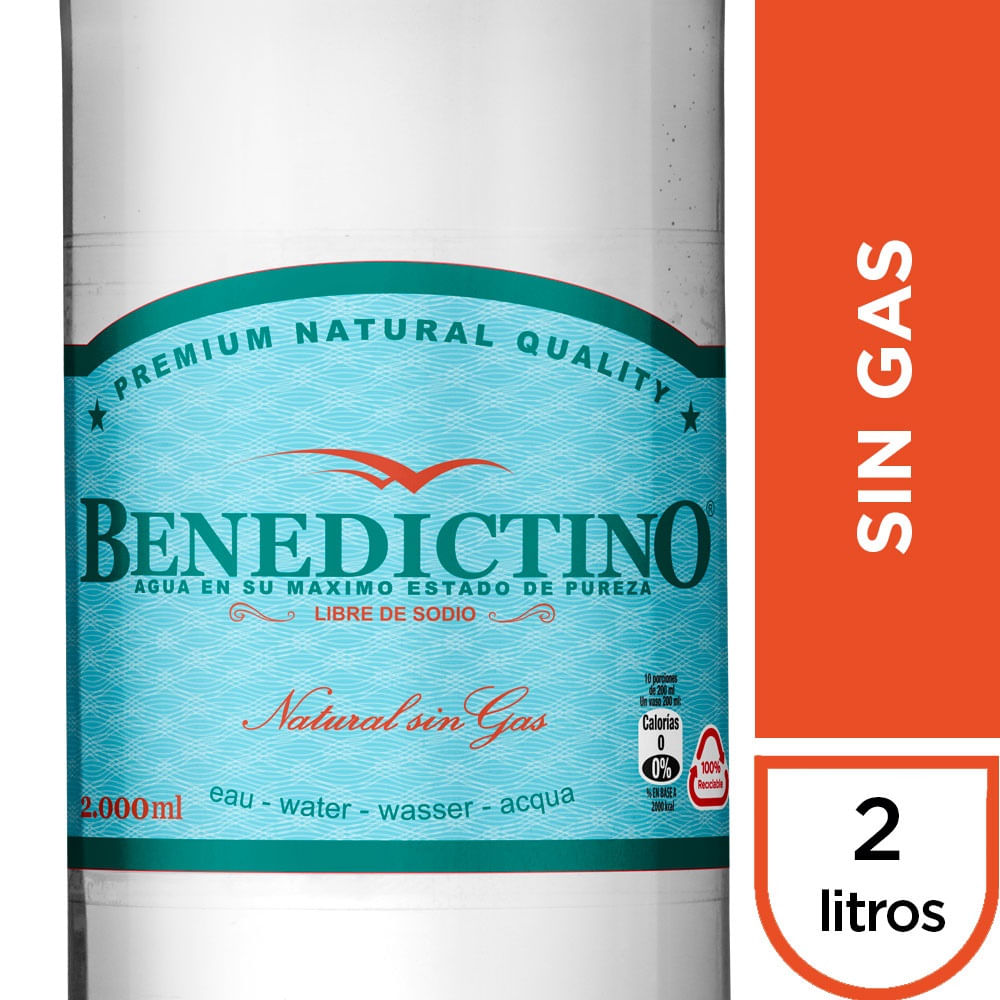 Agua purificada Benedictino sin gas botella 2 L