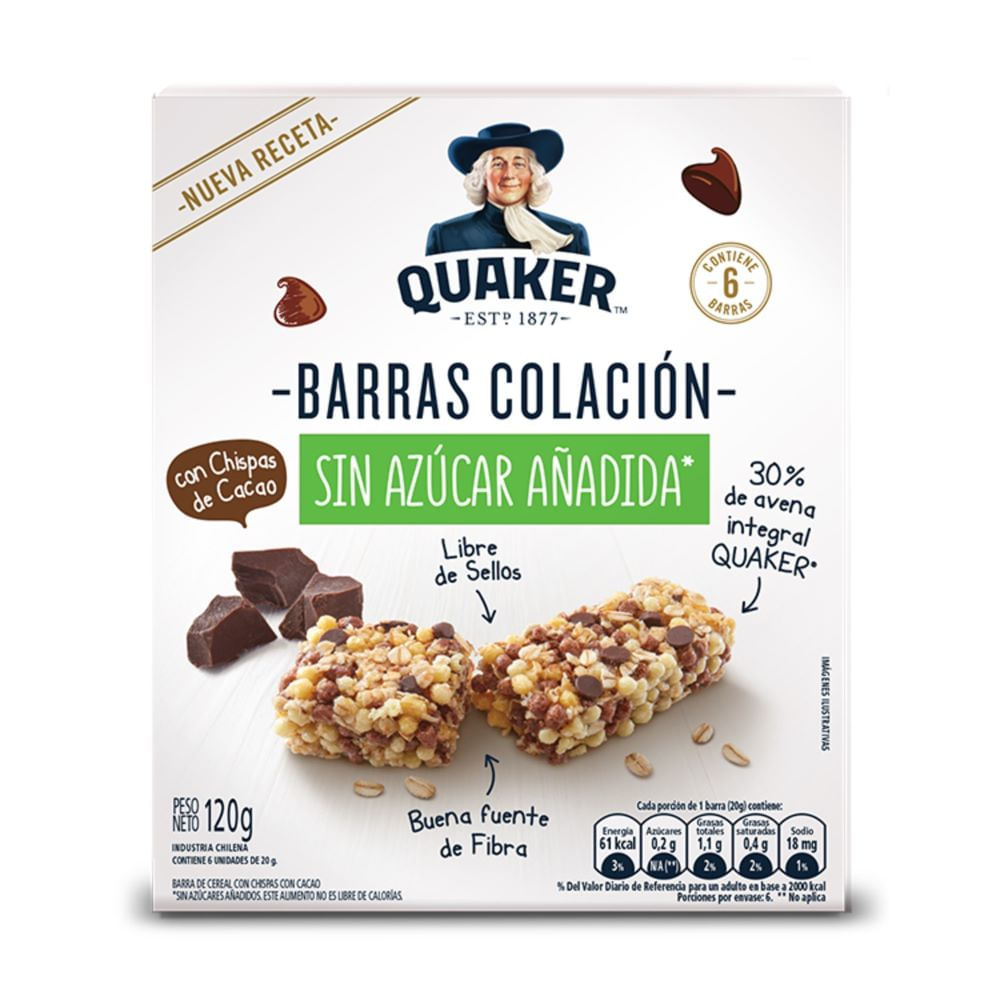 Pack barra cereal Quaker chispas sabor chocolate 6 un de 20 g