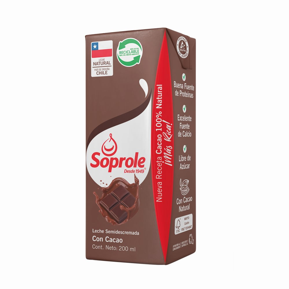 Leche chocolate semidescremada Soprole 200 ml