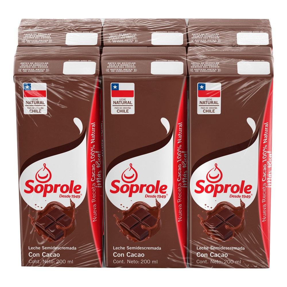 Leche semidescremada Soprole chocolate 6 un de 200 ml