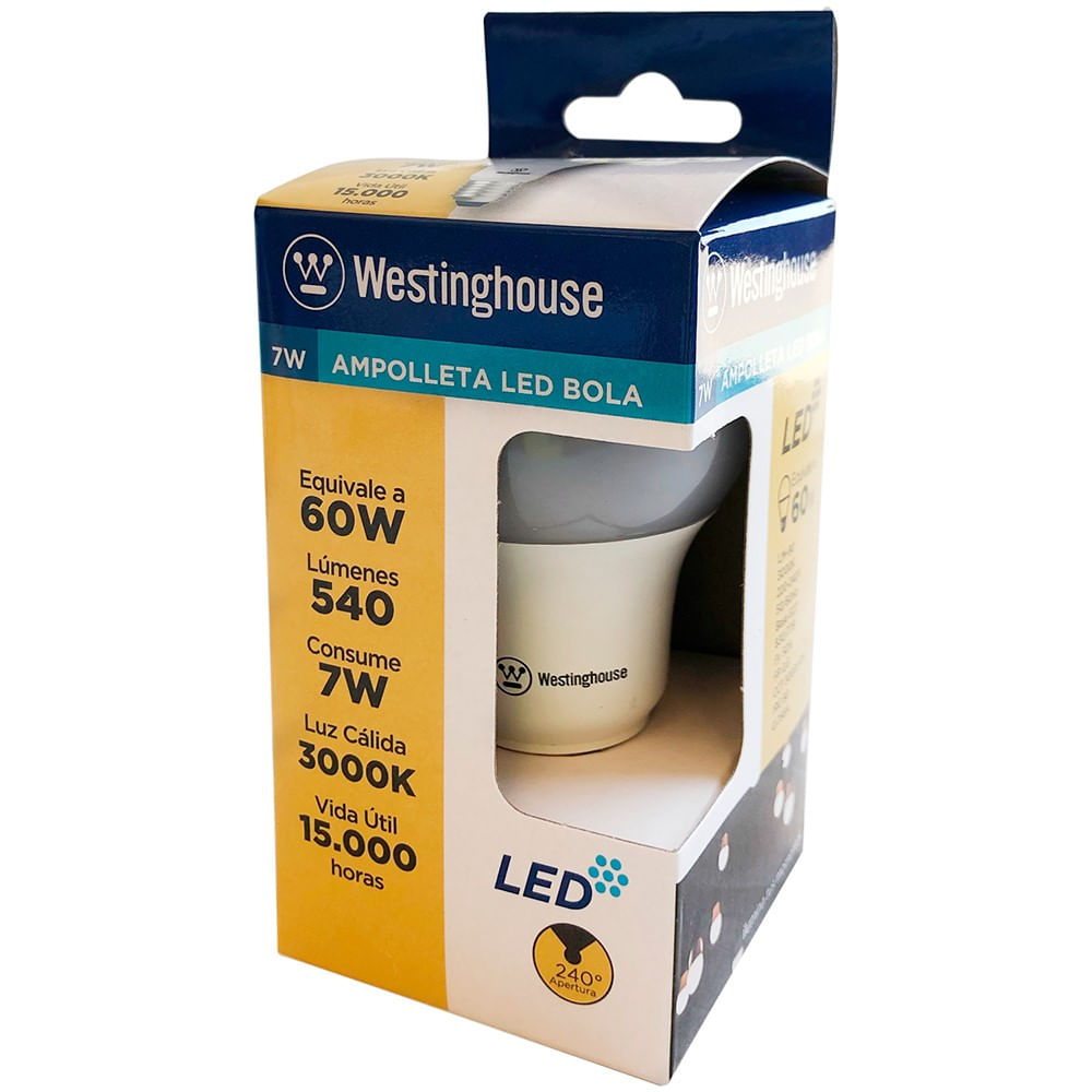 Ampolleta led Westinghouse bola luz cálida A55 7W