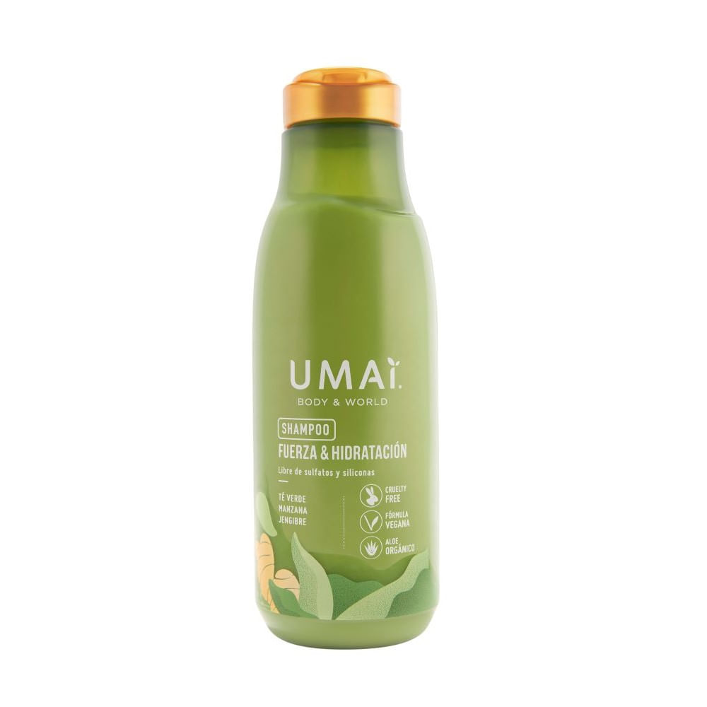 Shampoo Umai fuerza e hidratación té verde-manzana-jengibre 385 ml