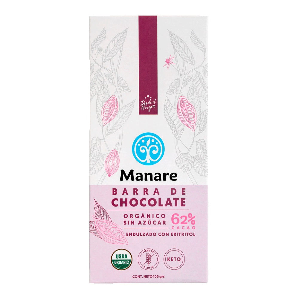Chocolate orgánico Manare sin azúcar 62% cacao 100 g