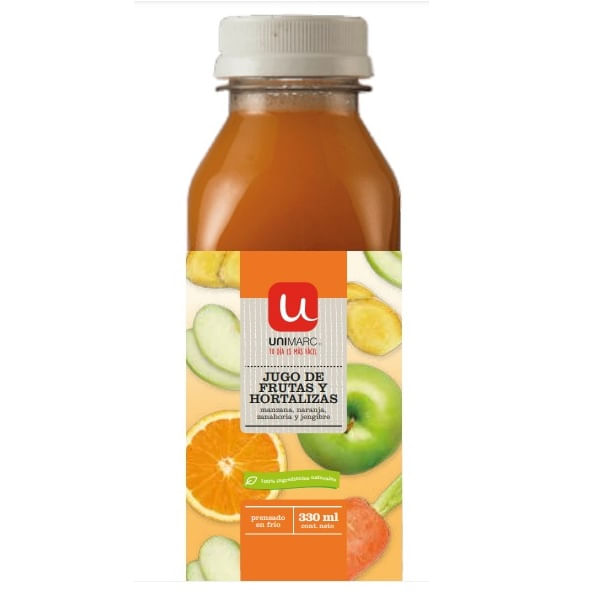 Jugo de frutas y hortalizas Unimarc manzana naranja zanahoria y jengibre 330 ml