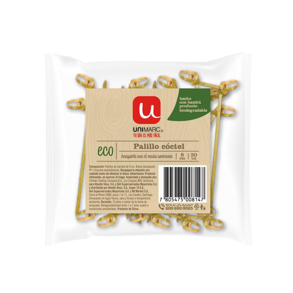 Palillo cóctel Unimarc eco 9 cm 30 un