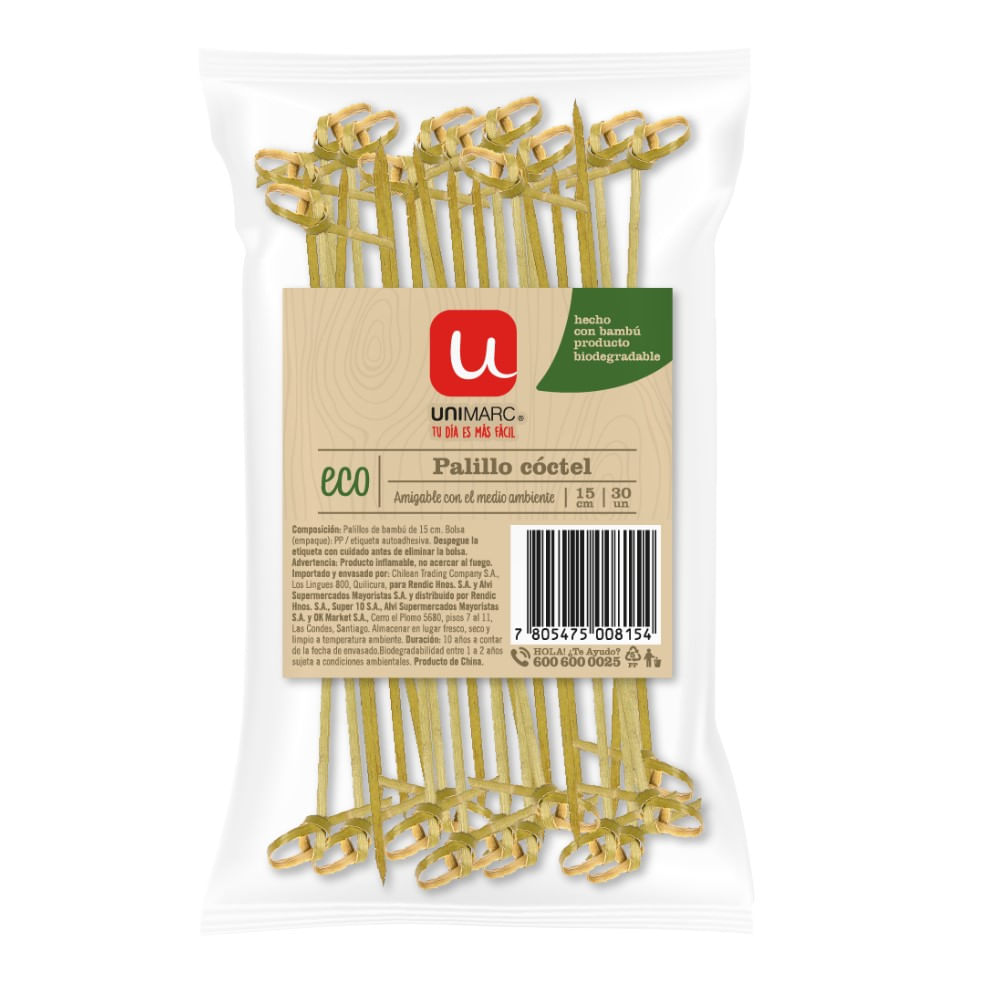 Palillo cóctel Unimarc eco 15 cm 30 un