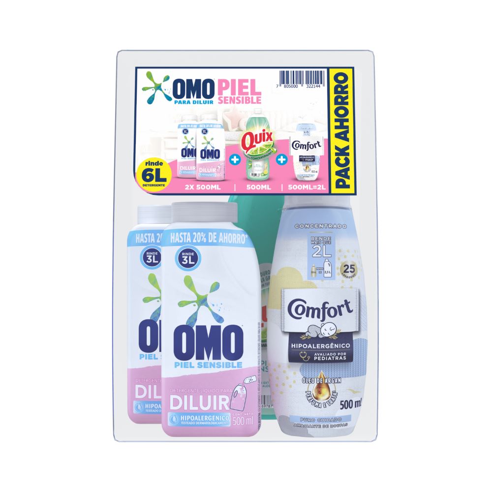 Pack detergente líquido Omo para diluir 2 un 500 ml + Suavizante Comfort puro cuidado 500 ml + lavaloza Quix 500 ml Pack detergente líquido Omo para diluir 2 un 500 ml + Suavizante Comfort puro cuidado 500 ml + lavaloza Quix 500 ml