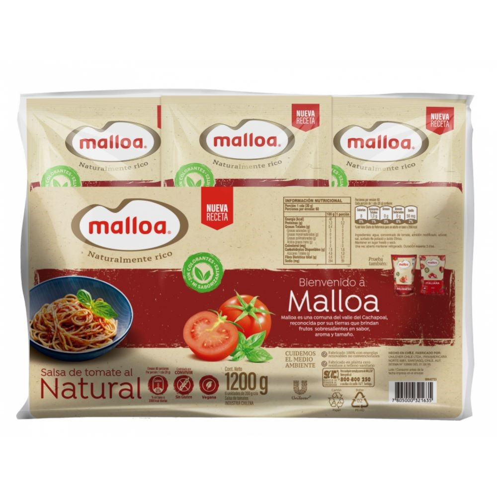 Pack salsa de tomate Malloa al natural 6 un de 200 g Pack salsa de tomate Malloa al natural 6 un de 200 g