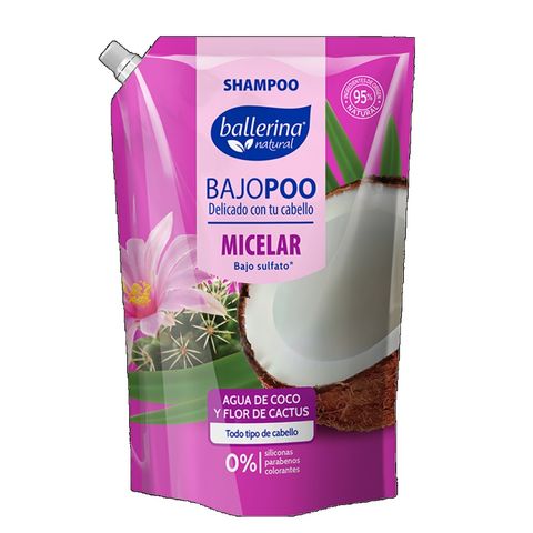 Shampoo Ballerina bajopoo micelar agua coco y flor cactus doypack 750 ml