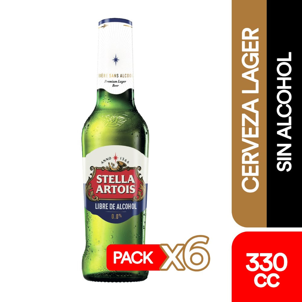 Pack Cerveza Stella Artois sin alcohol 6 un de 330 cc