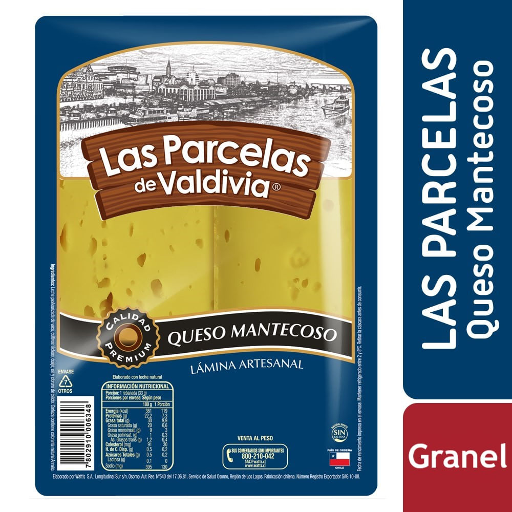Queso mantecoso Las Parcelas de Valdivia laminado granel 100 g