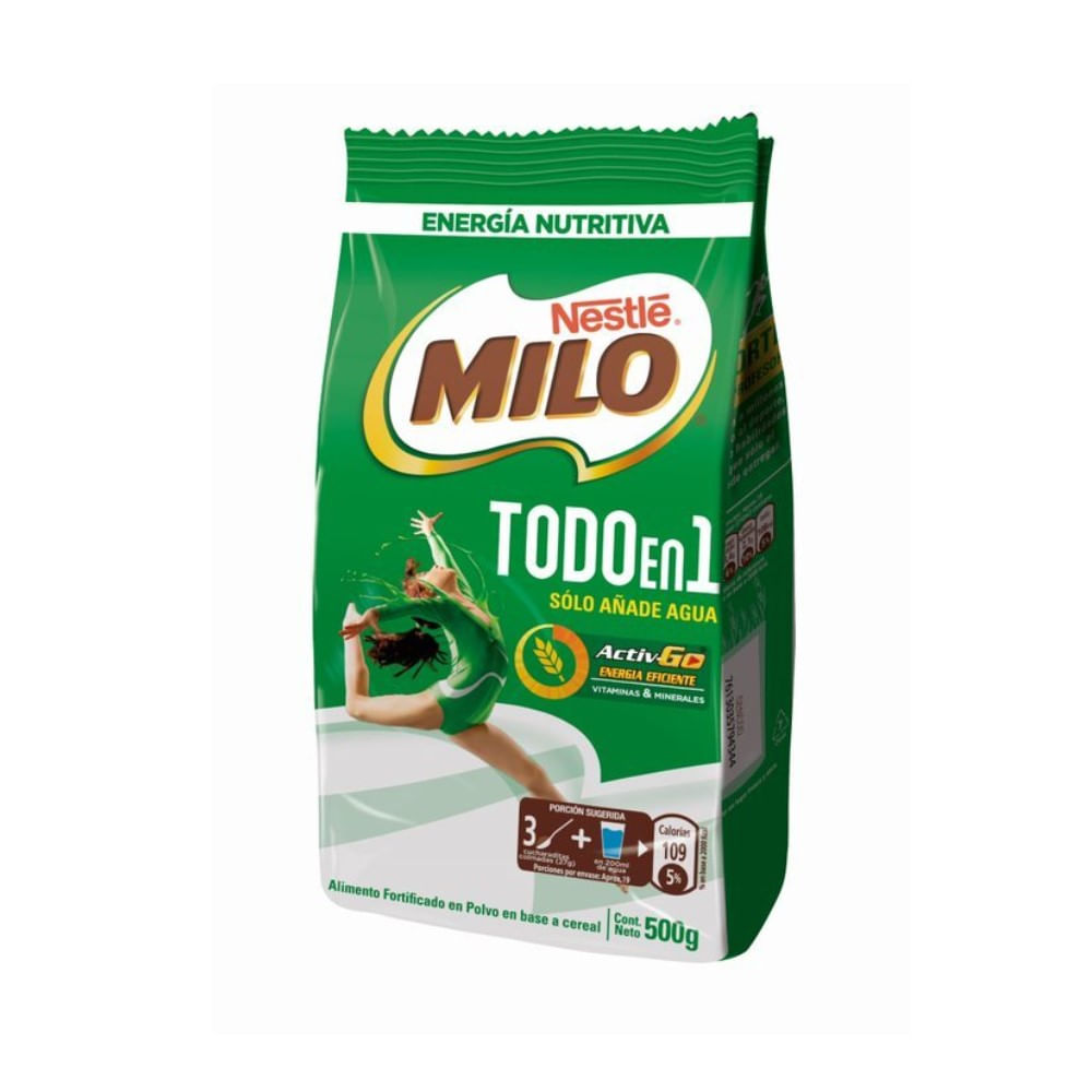 Saborizante con leche Milo activ-go chocolate listo para tomar bolsa 500 g