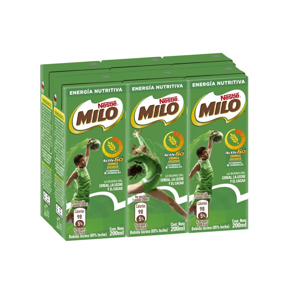 Pack Leche Milo Nestlé fortificada chocolate 6 un de 200 ml