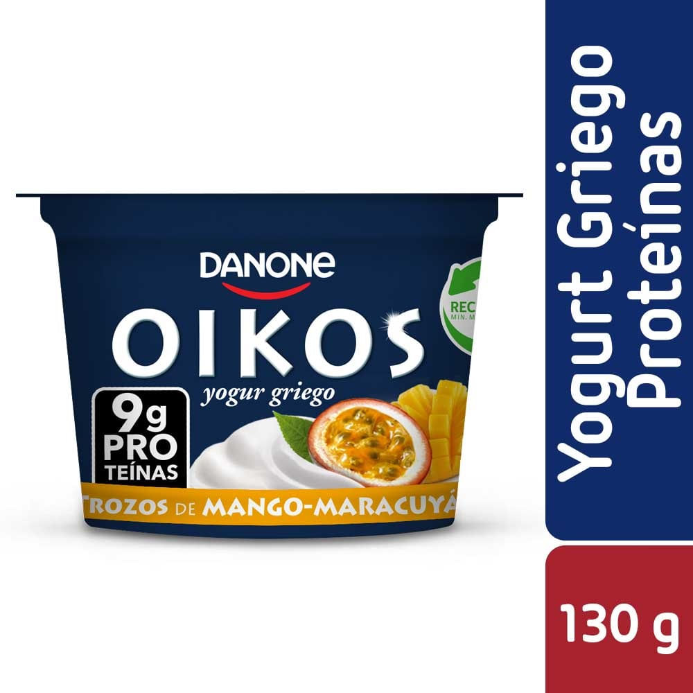 Yoghurt griego Oikos Danone proteínas trozo mango maracuyá 130 g