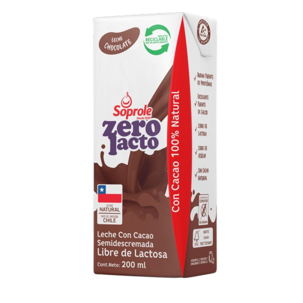 Leche semidescremada sin lactosa Soprole chocolate 200 ml