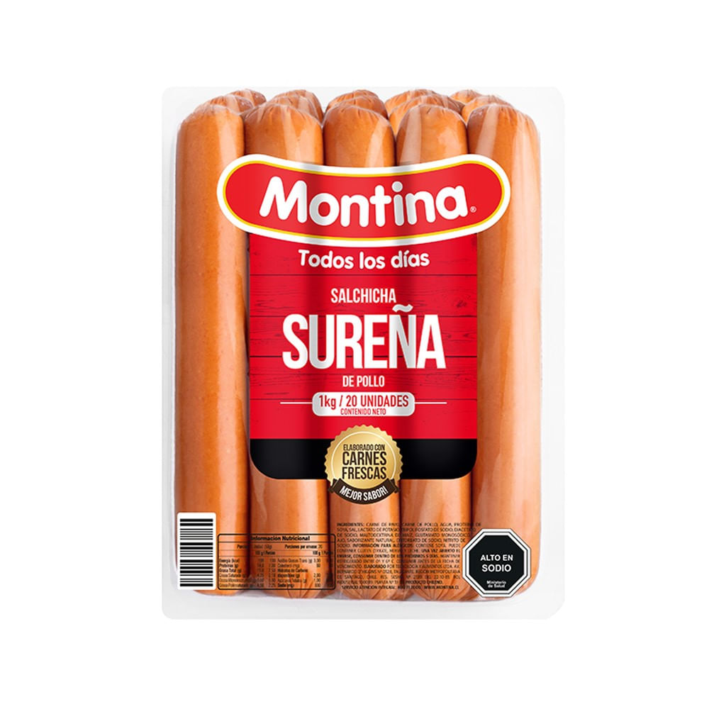 Salchicha sureña de pollo Montina 20 un 1 Kg