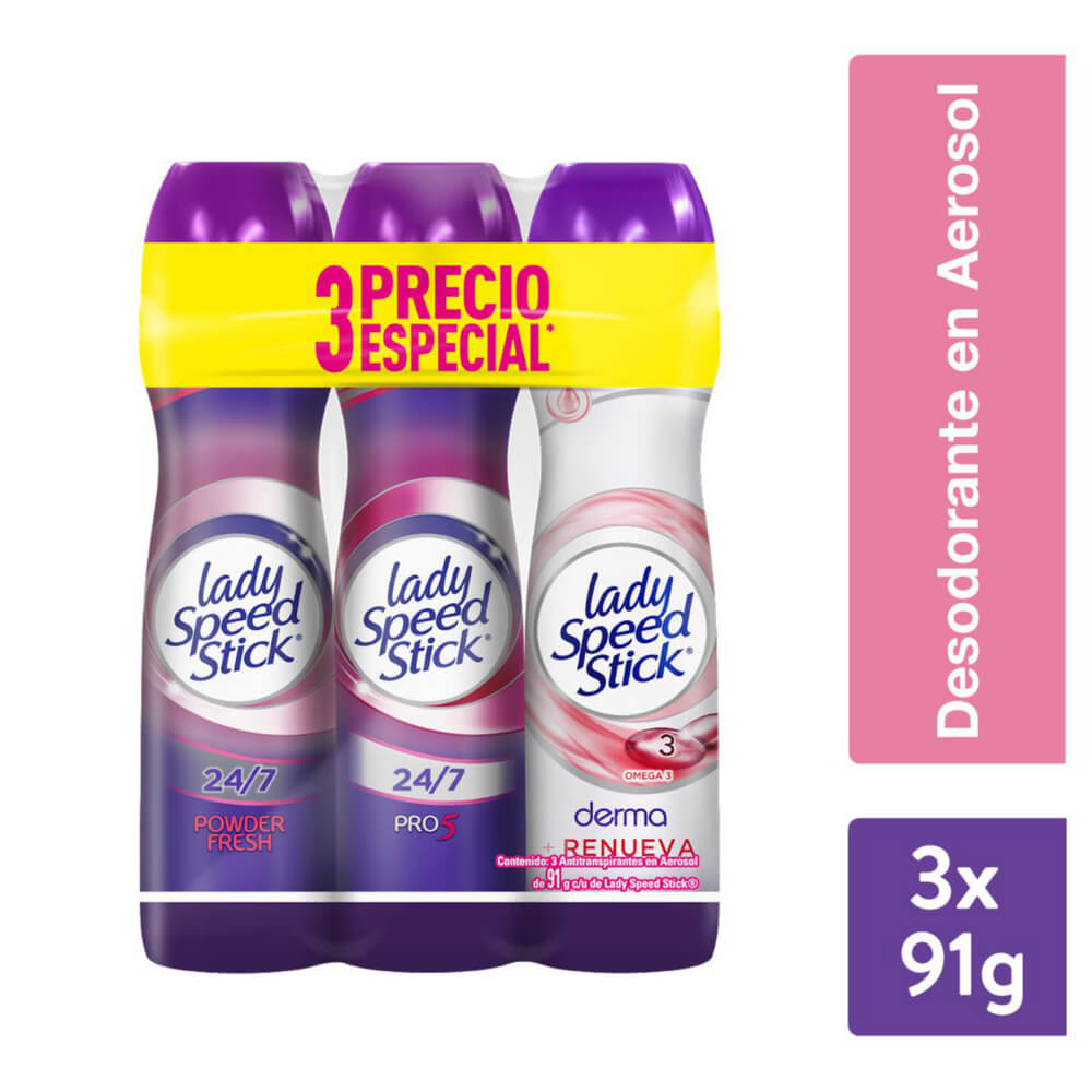 Pack desodorante Lady Speed Stick derma omega + powder fresh + pro5 spray 3 un de 91 g