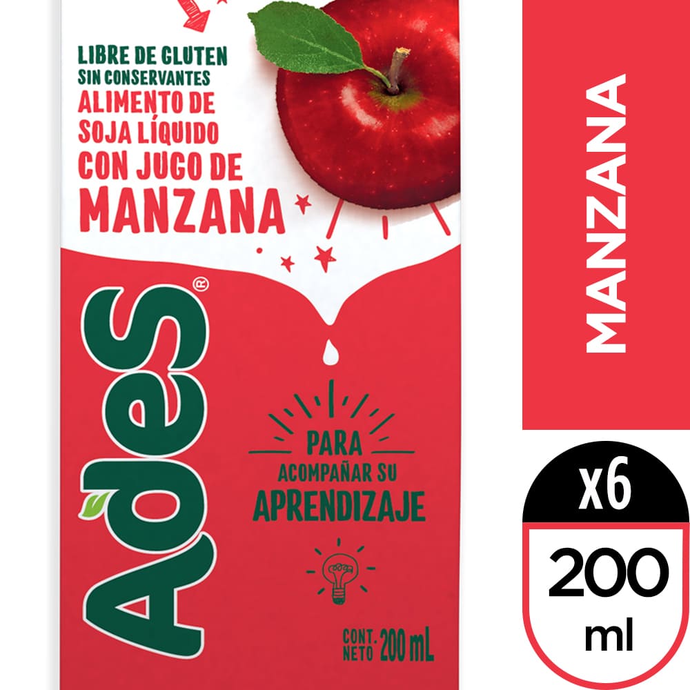 Pack Alimento de soya Ades manzana 6 un de 200 ml