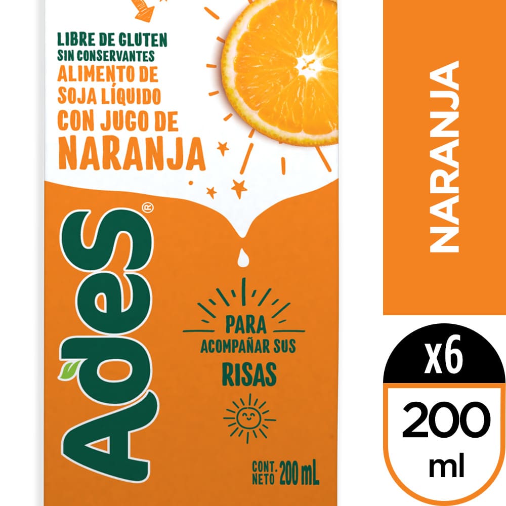 Pack Alimento de soya Ades naranja 6 un de 200 ml