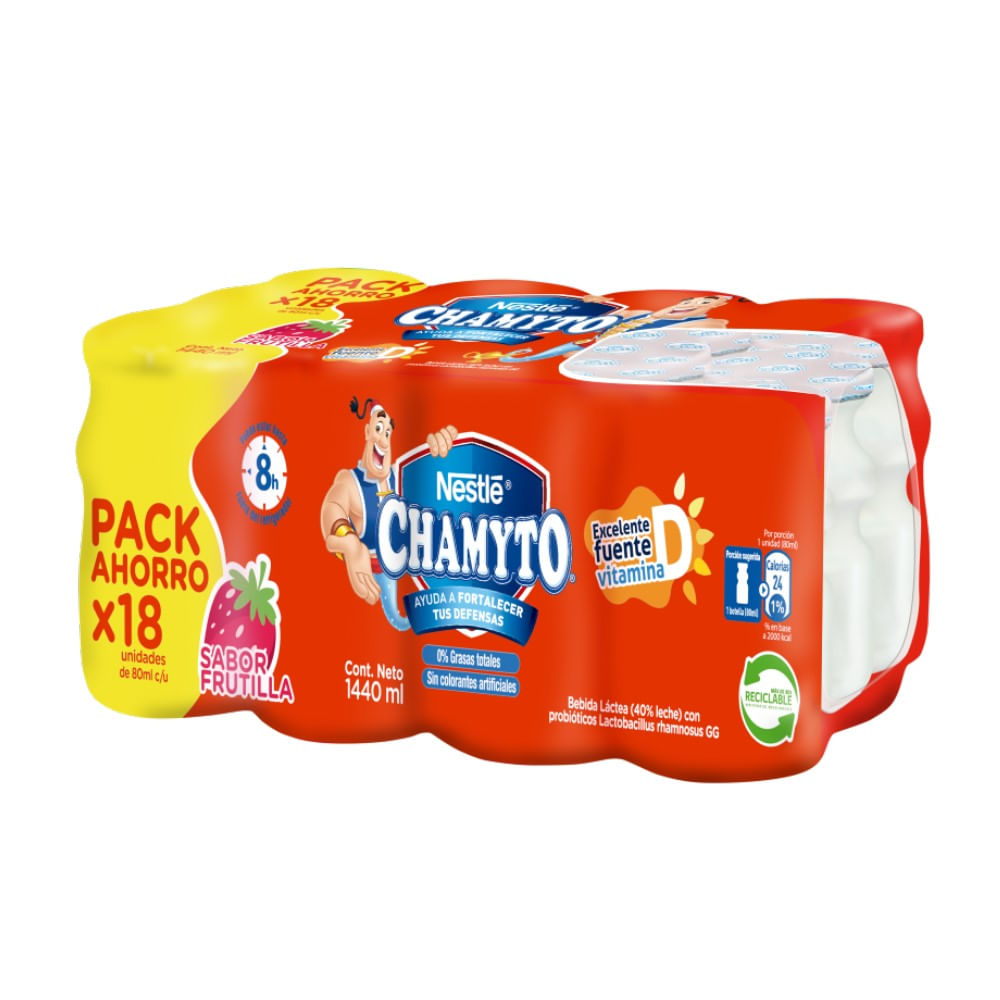 Pack bebida láctea chamyto Nestlé frutilla 18 un de 80 ml