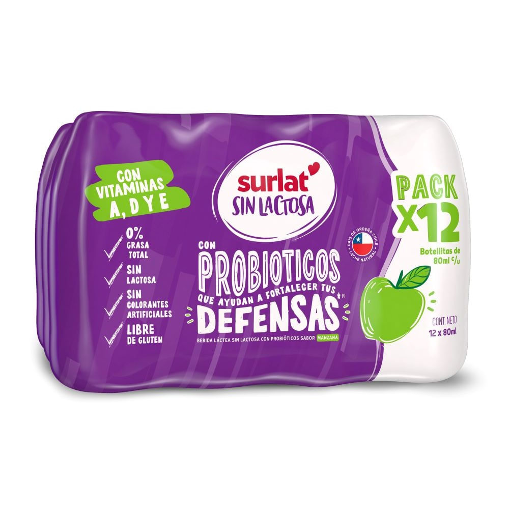 Pack Bebida láctea Surlat sin lactosa manzana 12 un de 80 ml