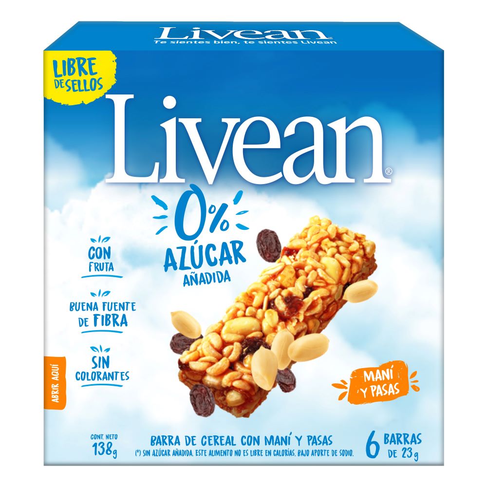 Pack barra cereal Livean maní y pasas 6 un de 23 g Pack barra cereal Livean maní y pasas 6 un de 23 g