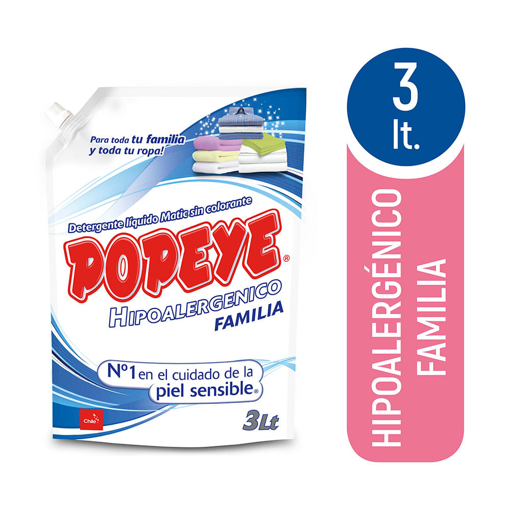 Detergente líquido Popeye hipoalergénico familia doypack 3 L