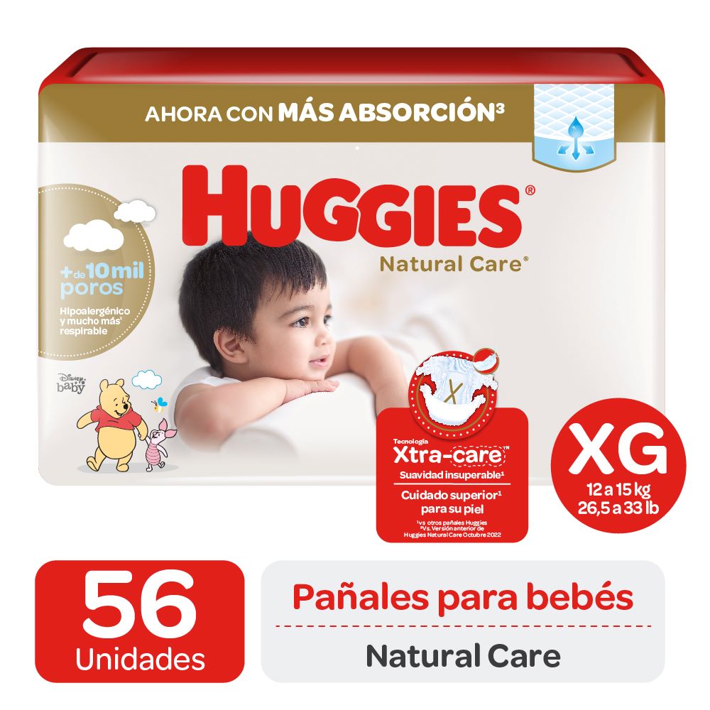 Pañal Huggies natural care unisex talla XG 56 un (11 a 15 Kg)