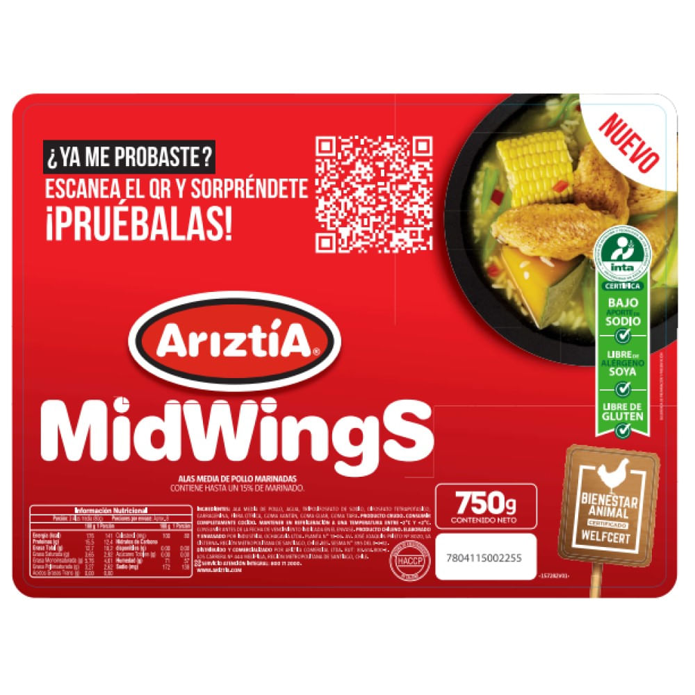 Midwings pollo clásicas ariztia 750g