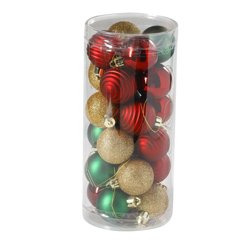 Set 24 esferas color rojo, verde y doradas navidad 4 cm