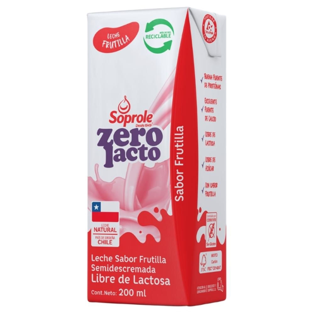 Leche semidescremada sin lactosa Soprole frutilla 200 ml