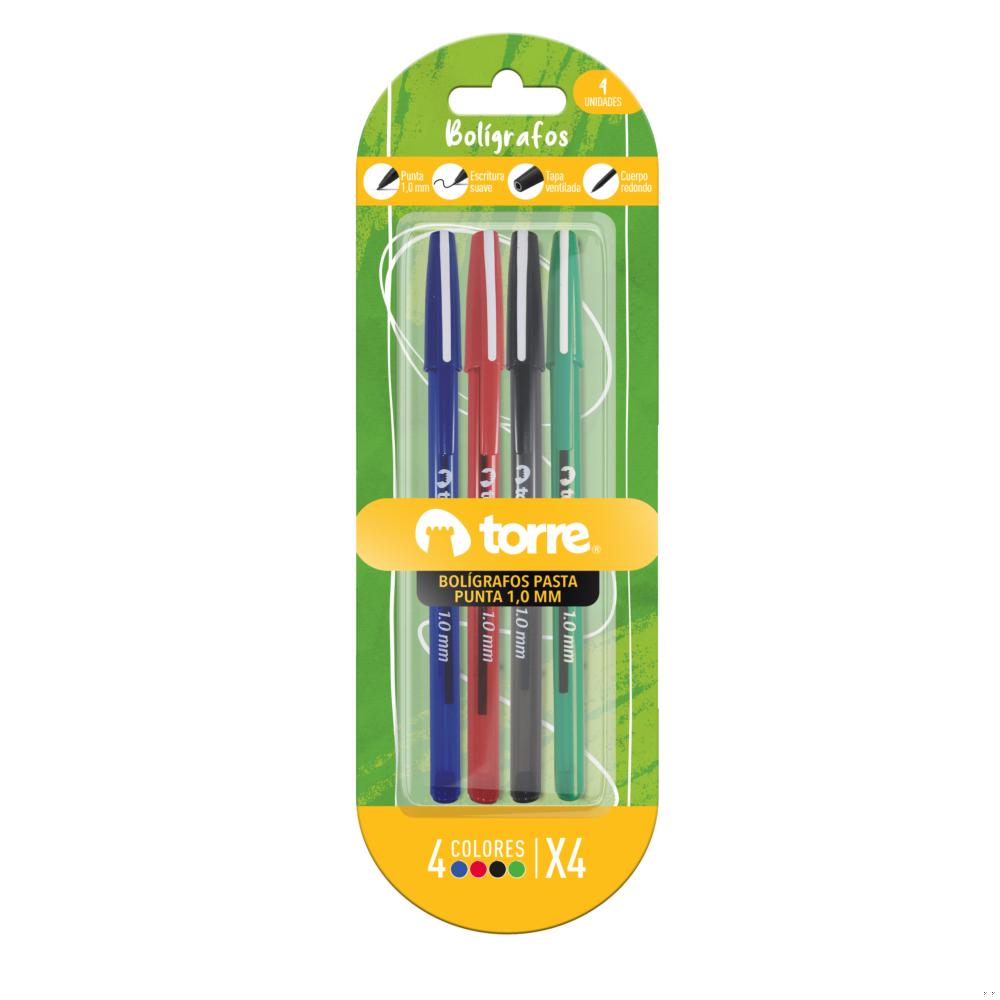 Bolígrafos pasta Torre azul-rojo-negro-verde 4 un