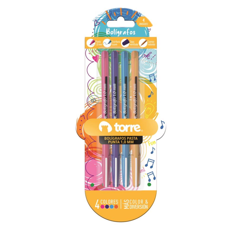 Bolígrafos pasta Torre punta 1.0mm 4 colores