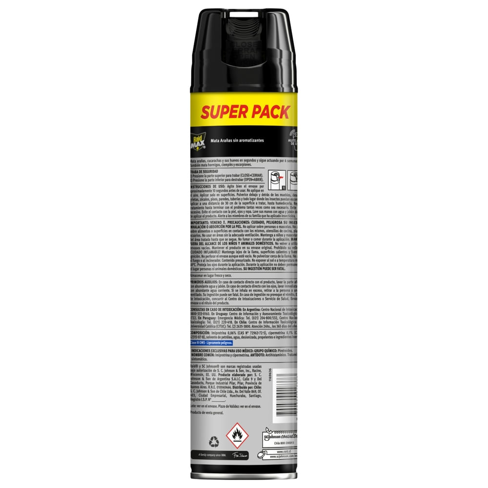 Insecticida Raid Max mata arañas sin olor aerosol 450 cc