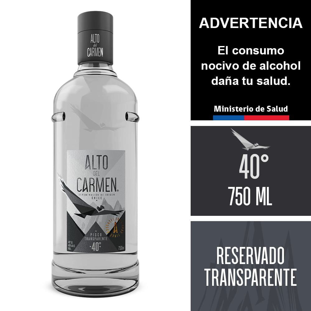 Pisco Alto del Carmen reservado transparente 40° botella 750 cc