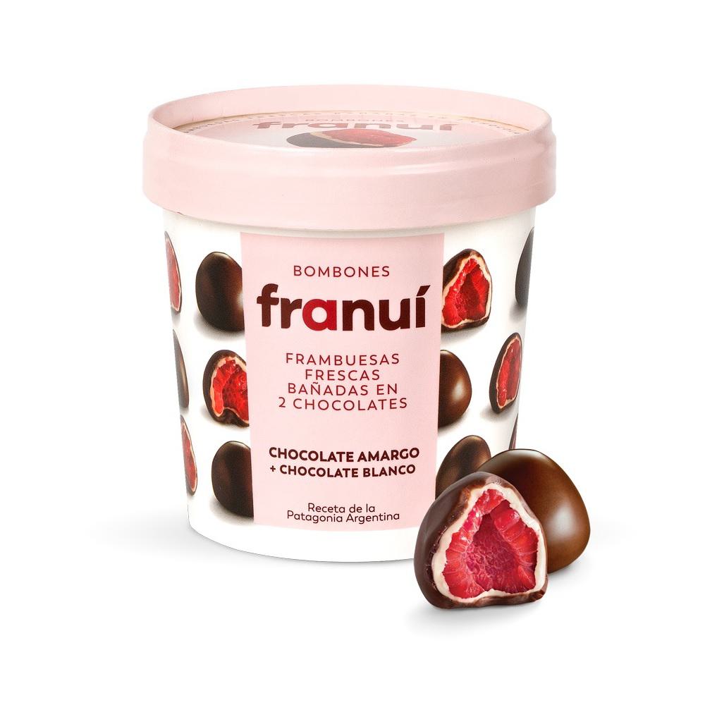 Frambuesa Franuí bañada en chocolate negro y blanco pote 150 g Frambuesa Franuí bañada en chocolate negro y blanco pote 150 g