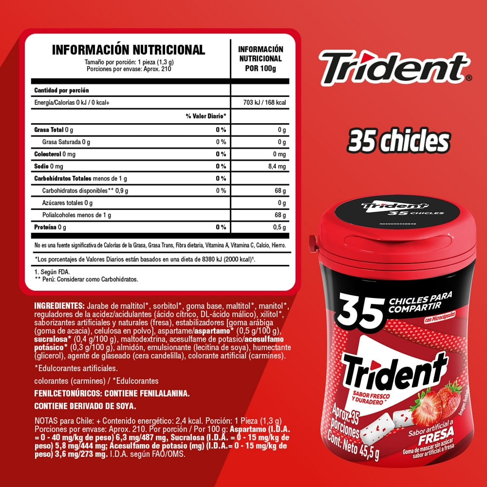 Chicle sin azúcar Trident sabor Frutilla 35 un