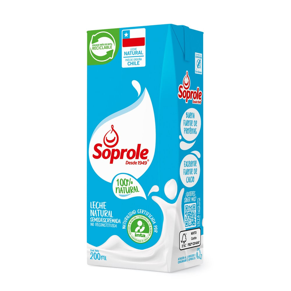 Leche semidescremada natural Soprole 200 ml
