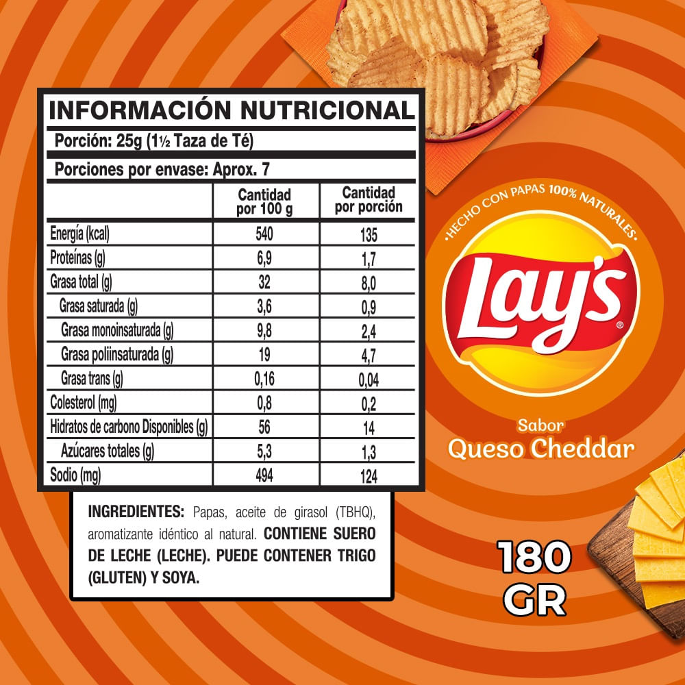 Papas fritas sabor queso cheddar Lays 180 G Papas fritas sabor queso cheddar Lays 180 G