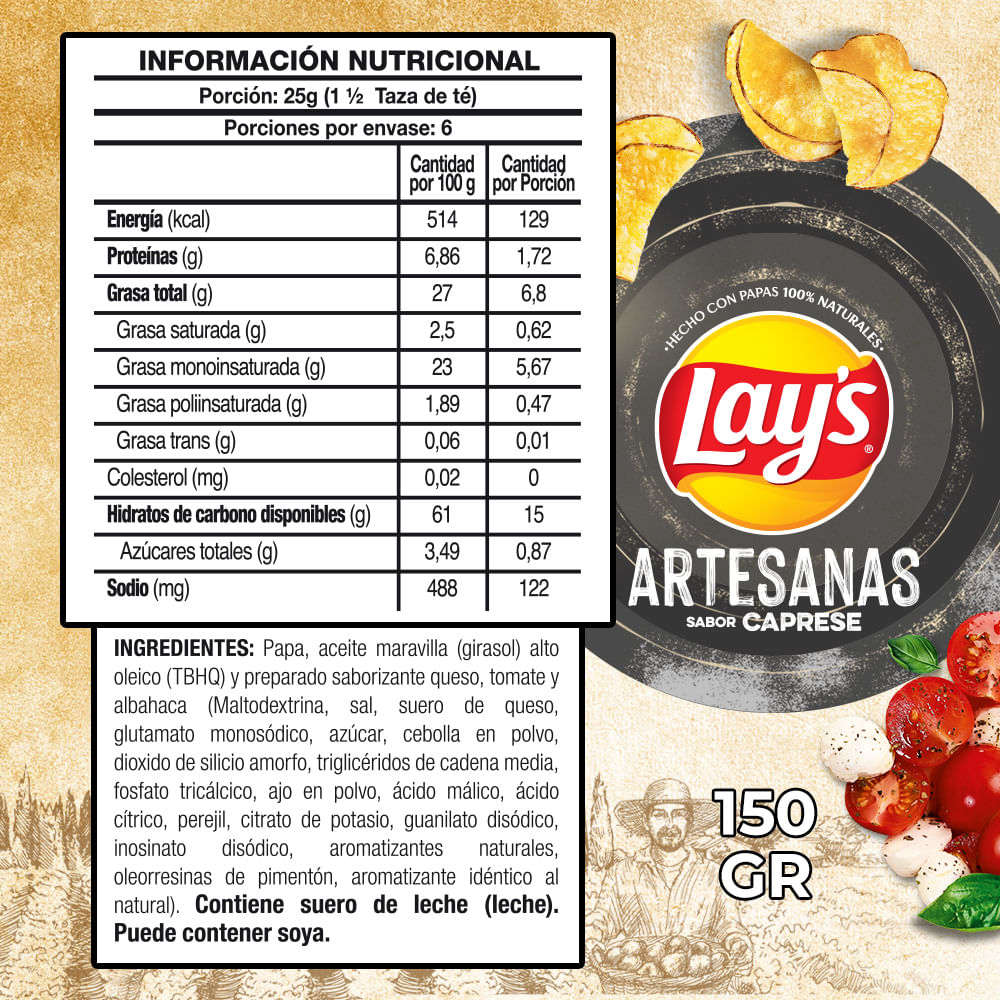 Papas fritas Lays artesanas caprese 150 g Papas fritas Lays artesanas caprese 150 g