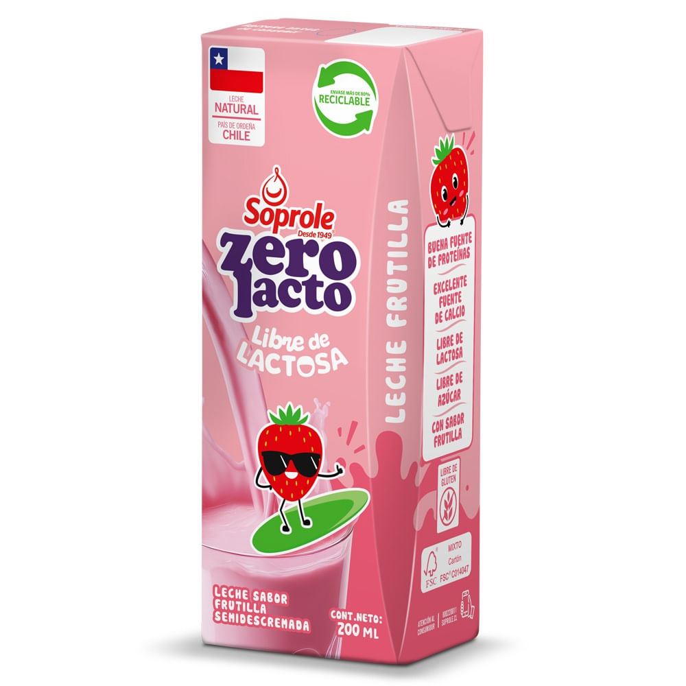 Leche semidescremada sin lactosa Soprole frutilla 200 ml