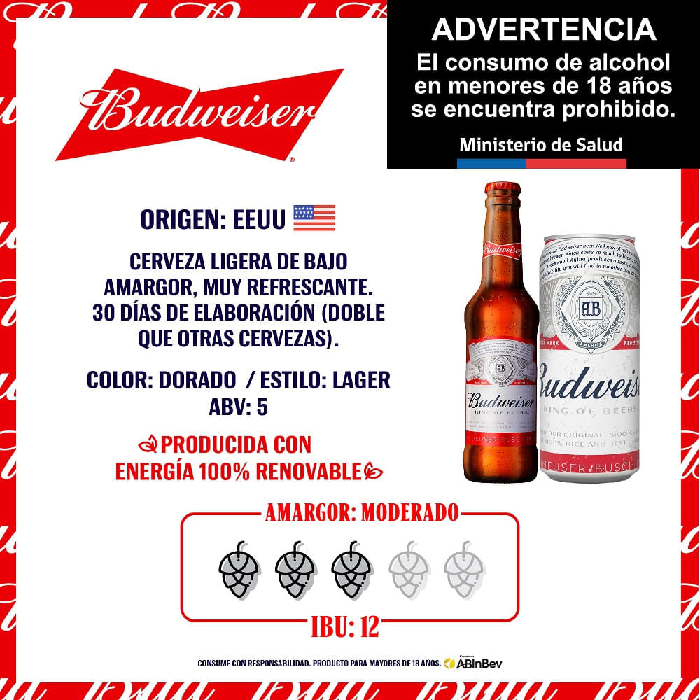 Pack Cerveza Budweiser lata 6 un de 473 cc Pack Cerveza Budweiser lata 6 un de 473 cc