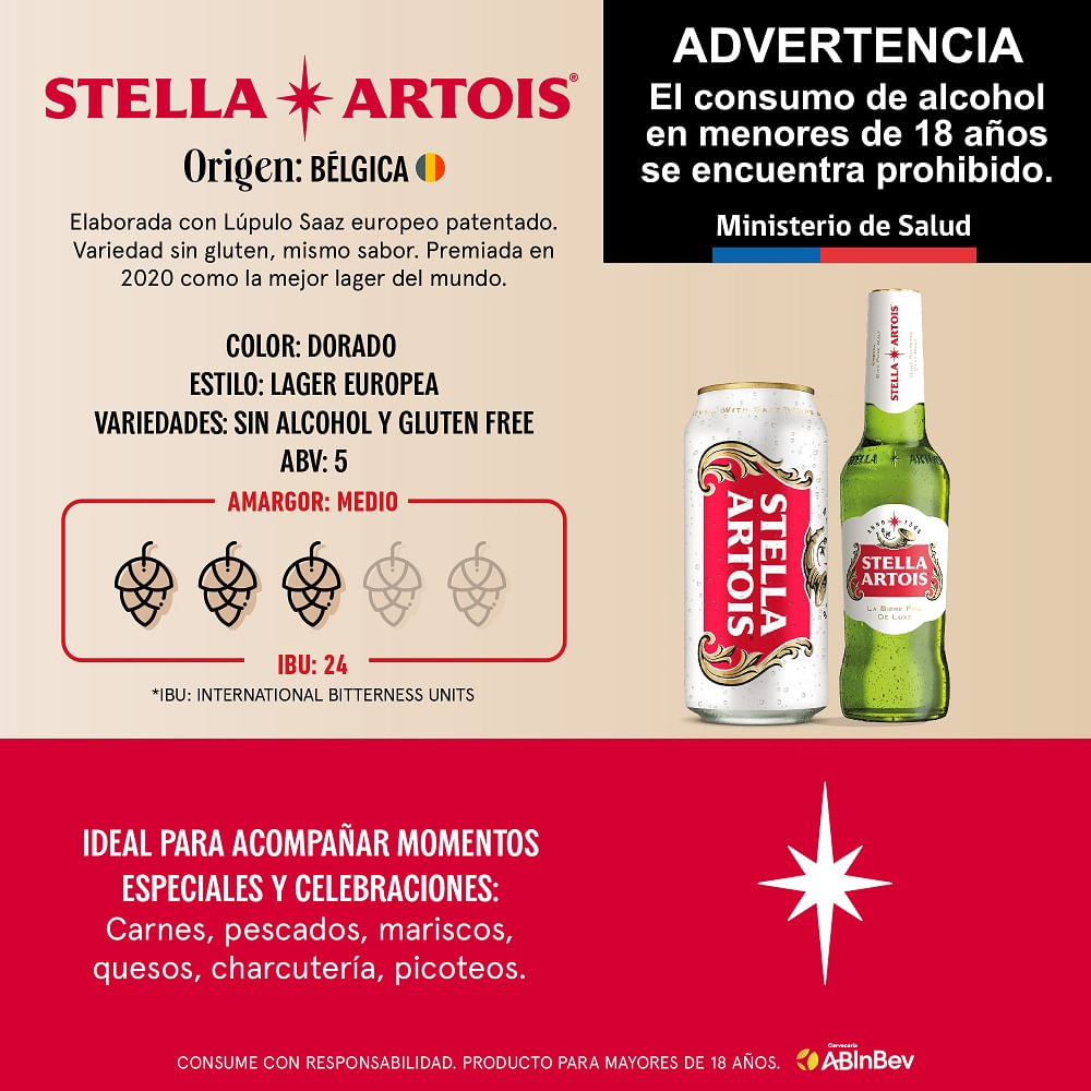 Pack Cerveza Stella Artois botella 6 un de 330 cc